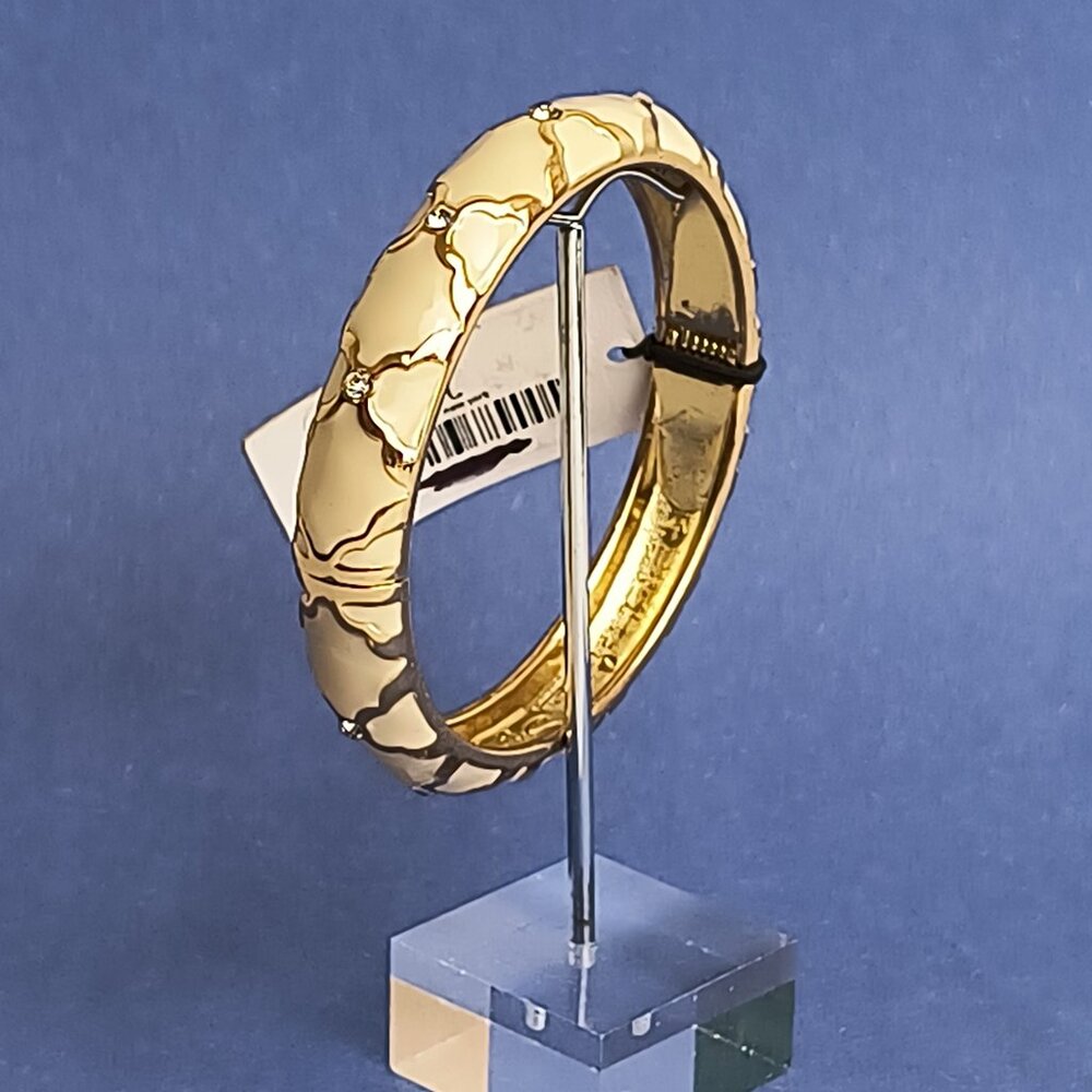 X Pattern Rhinestone Cream Gold Tone Enamel Hinge Bangle Clamper Bracelet Gold T